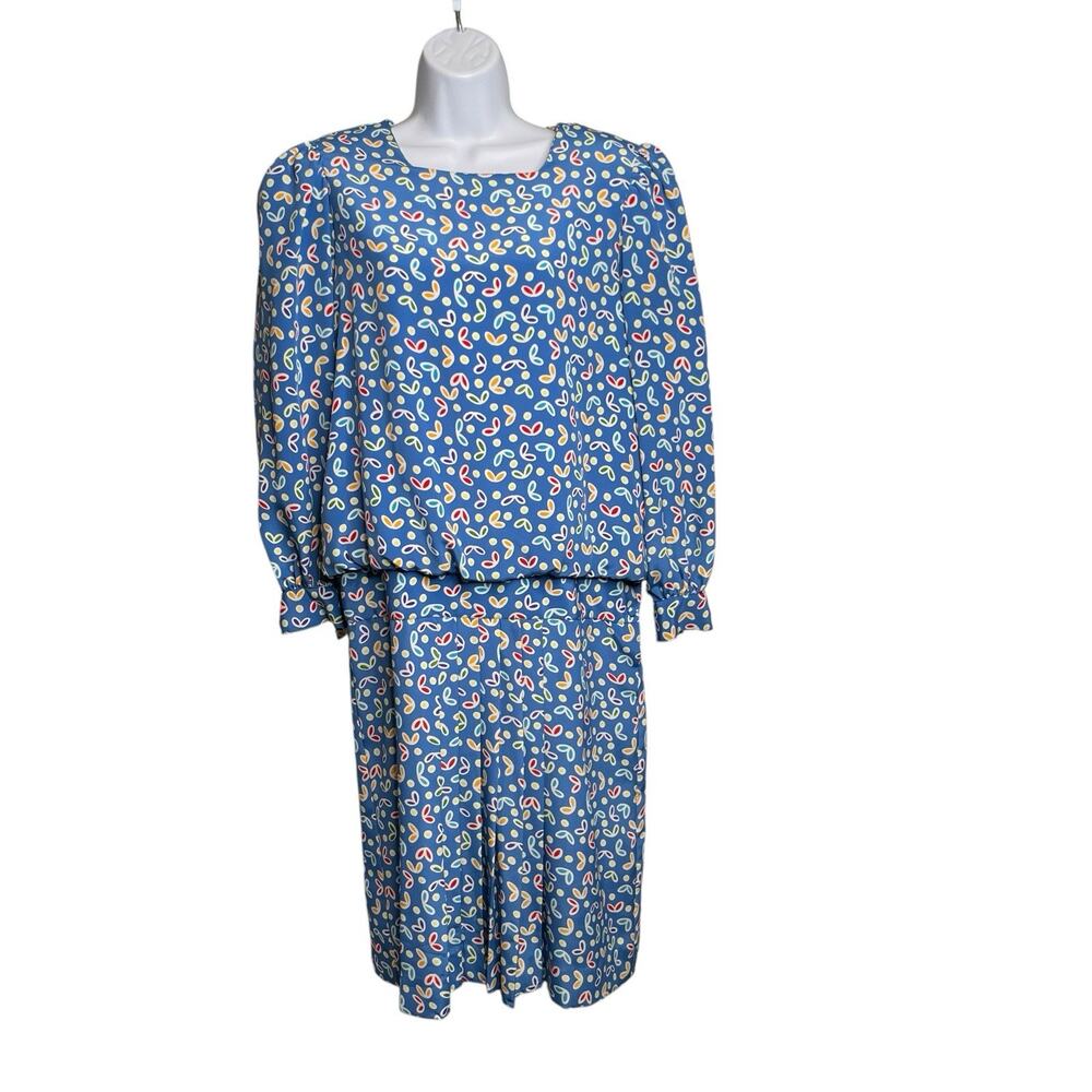 Vintage Ciao LTD Women’s Blue 80s Abstract Print Midi‎ Blouson Dress Est. Size M